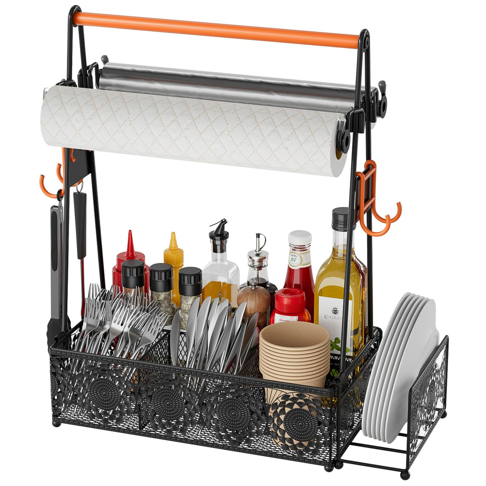 EKNITEY outdoor grill caddy with four compartments keeps spices neatly organized during grilling.