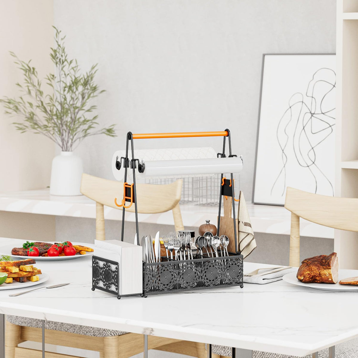 EKNITEY caddy includes removable napkin holder for easy table prep.