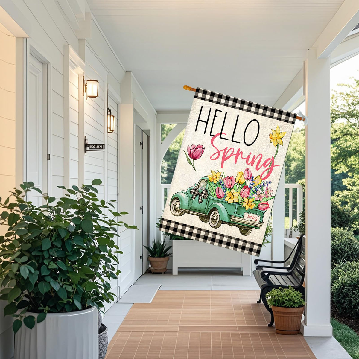 EKOREST buffalo plaid truck flowers flag 28x40 adds seasonal curb appeal.