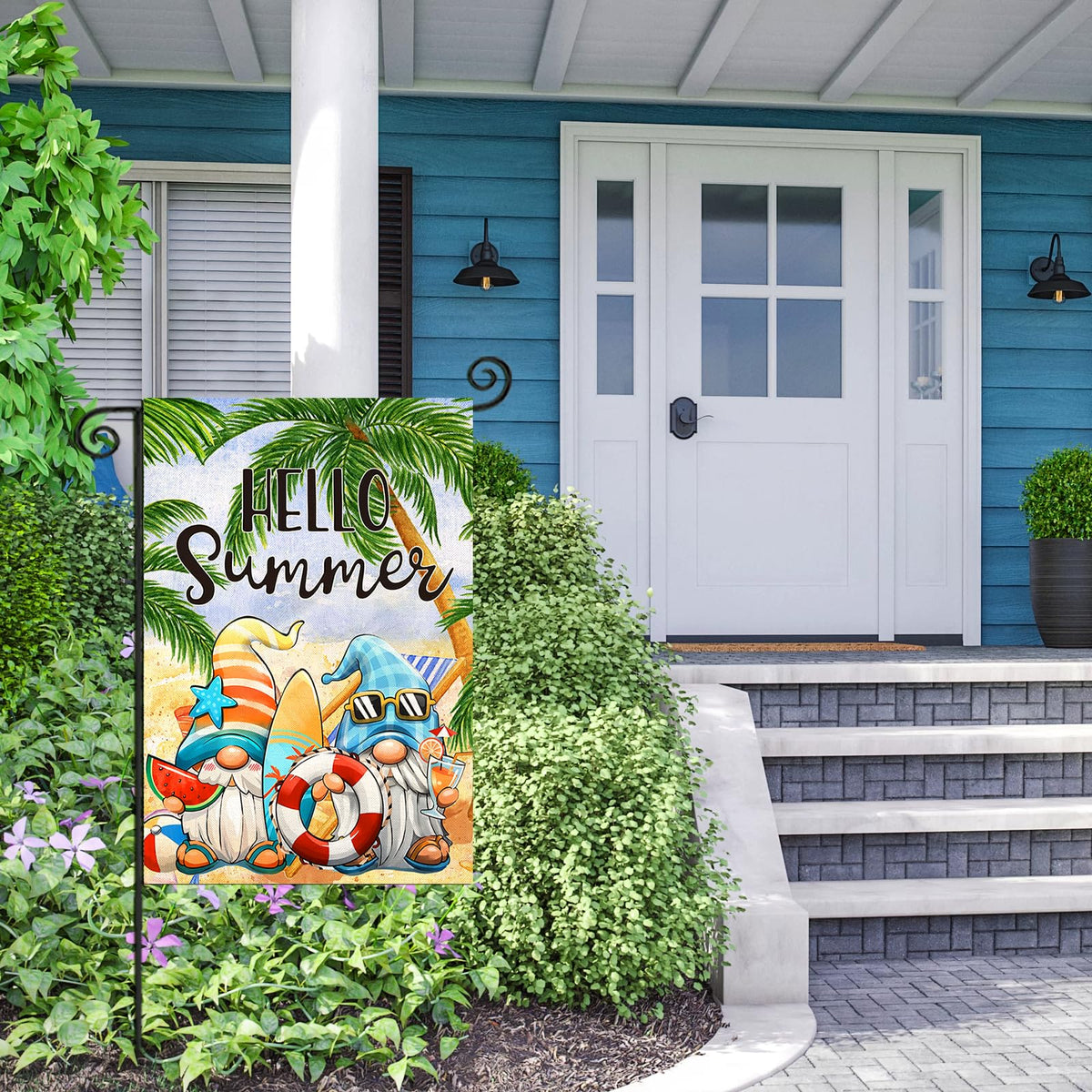 EKOREST Hello Summer Garden Flag highlighting double sided print and durability