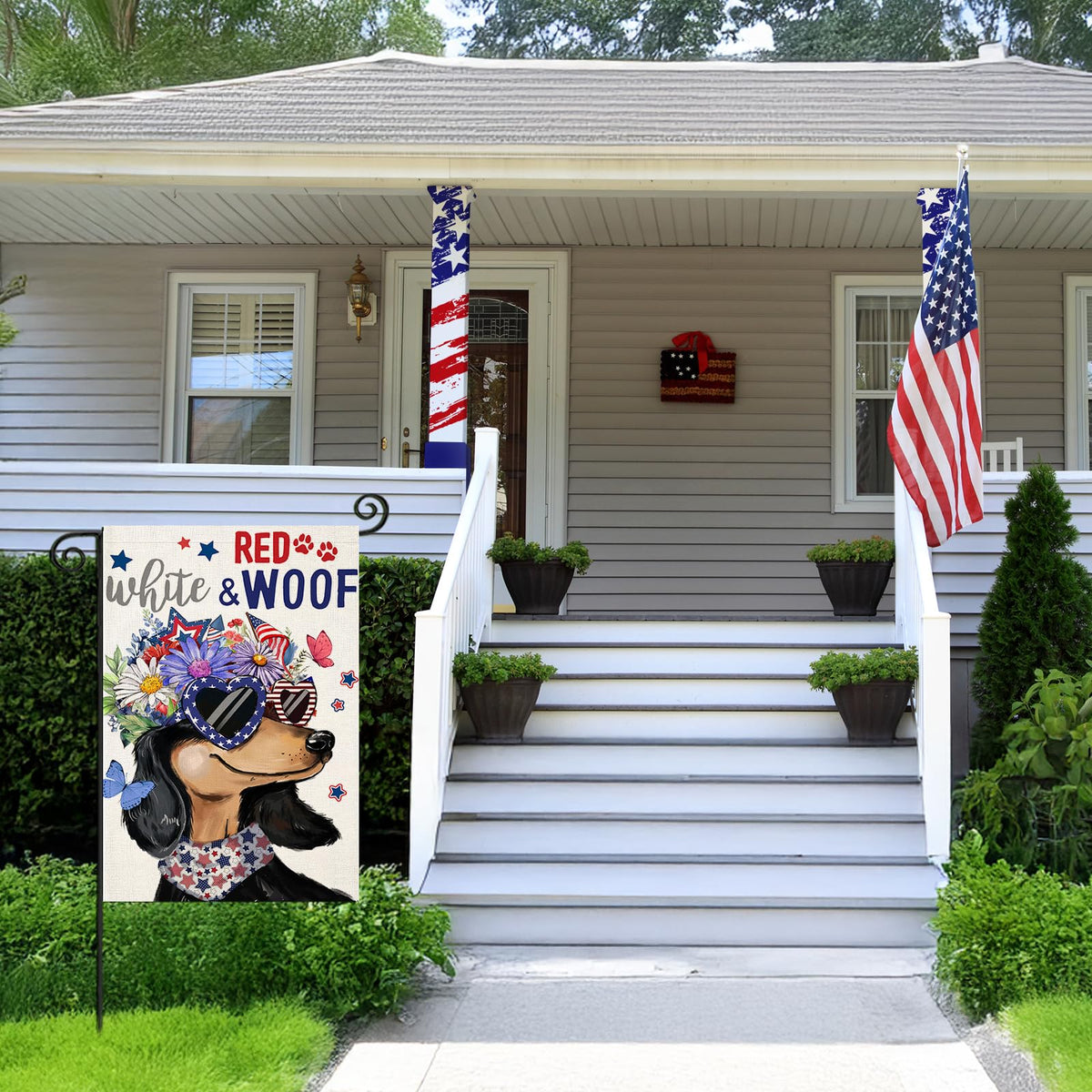 EKOREST double-sided patriotic dachshund flag for high-visibility outdoor use.