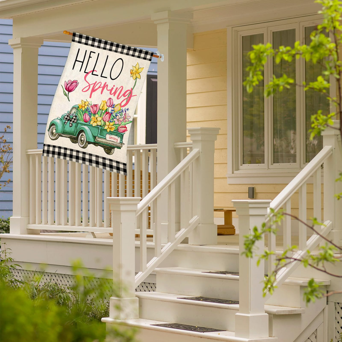 EKOREST flower truck design flag, spring motif, for outdoor display.