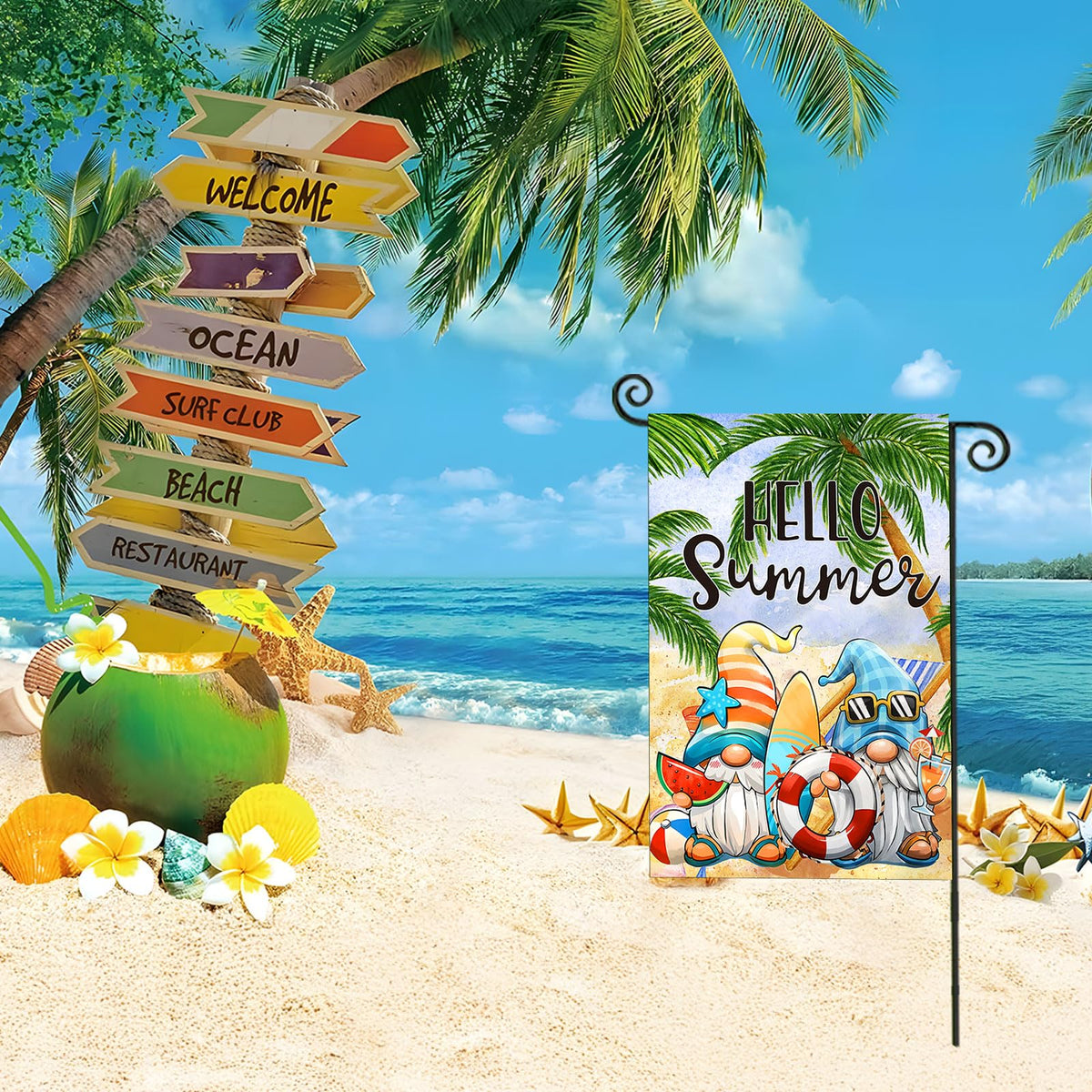 EKOREST Hello Summer Garden Flag double sided cartoon gnomes at the beach