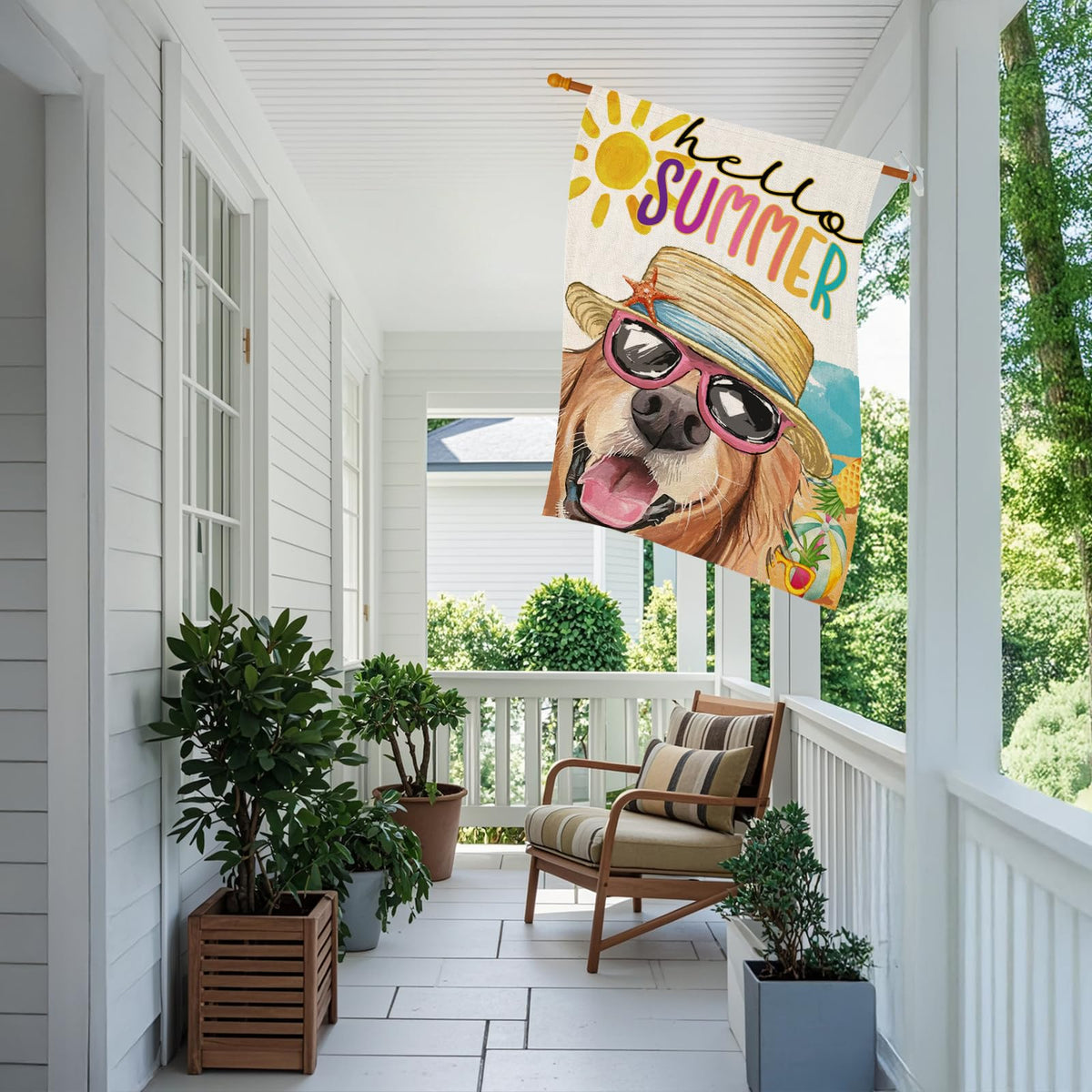EKOREST Hello Summer flag vibrant print enhances seasonal curb appeal.