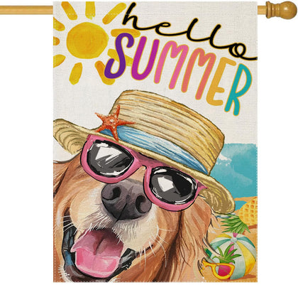EKOREST Hello Summer flag featuring a dog in sunglasses for playful yard decor.
