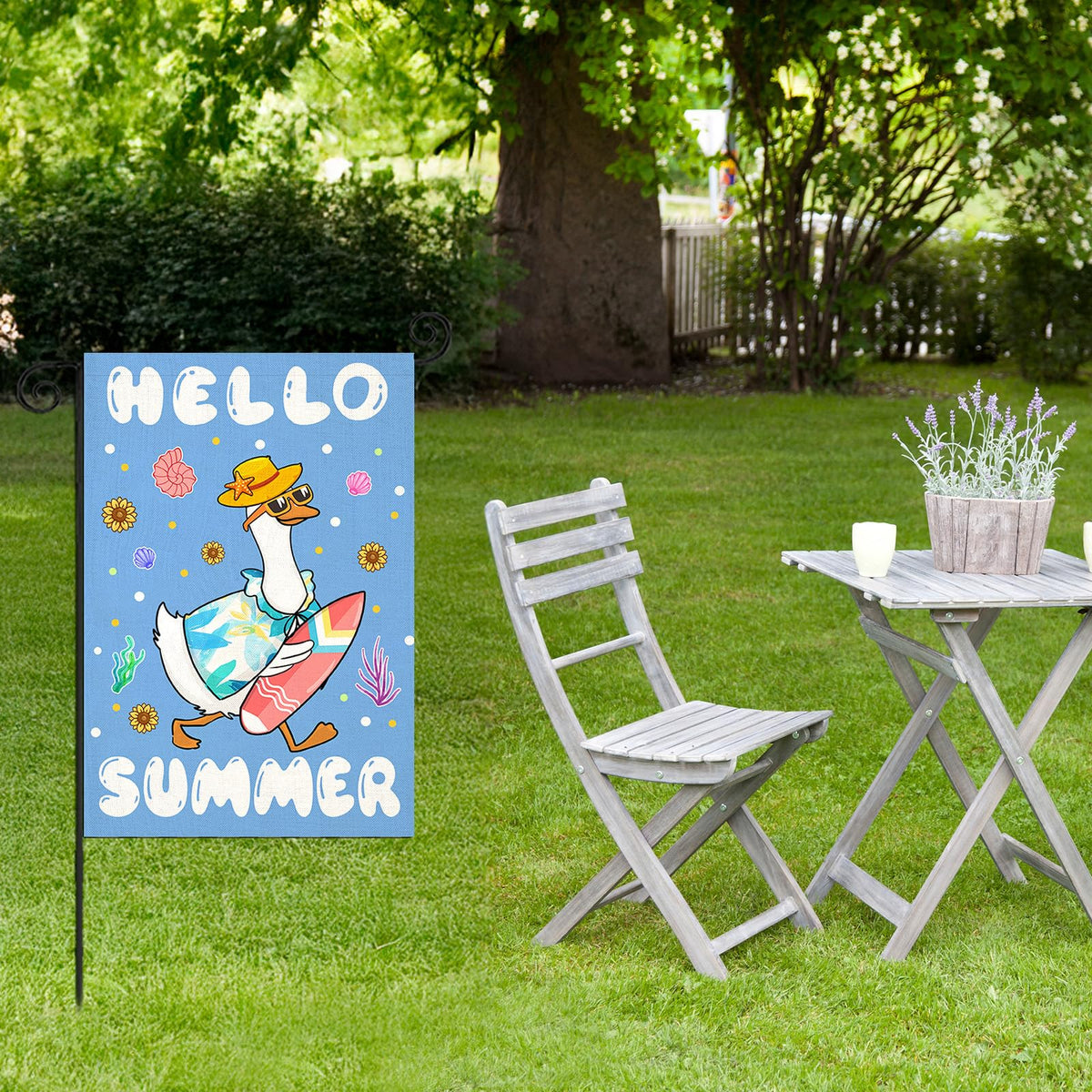 EKOREST Hello Summer flag adds seasonal flair to patio or garden spaces.