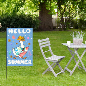 EKOREST Hello Summer flag adds seasonal flair to patio or garden spaces.