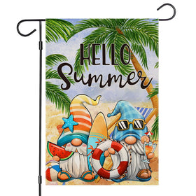 EKOREST Hello Summer Garden Flag 12x18 with cartoon gnomes at the beach for outdoor charm