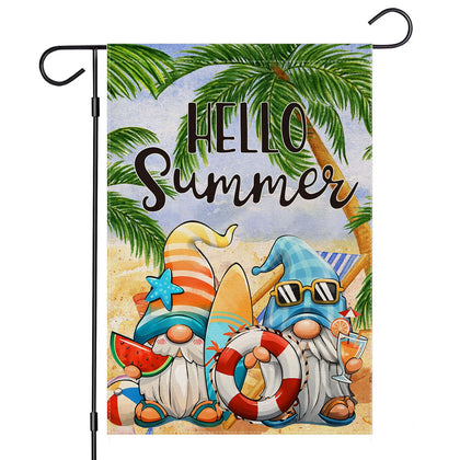 EKOREST Hello Summer Garden Flag 12x18 with cartoon gnomes at the beach for outdoor charm