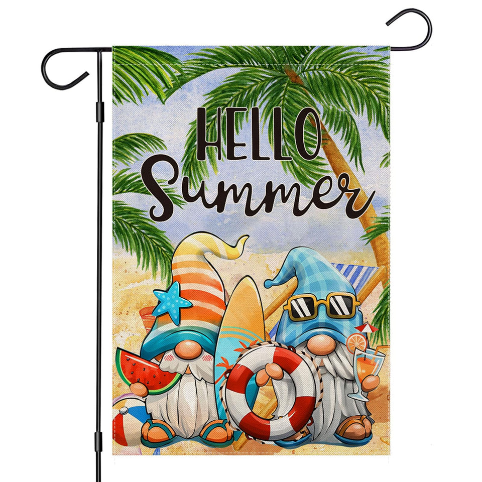 EKOREST Hello Summer Garden Flag 12x18 with cartoon gnomes at the beach for outdoor charm