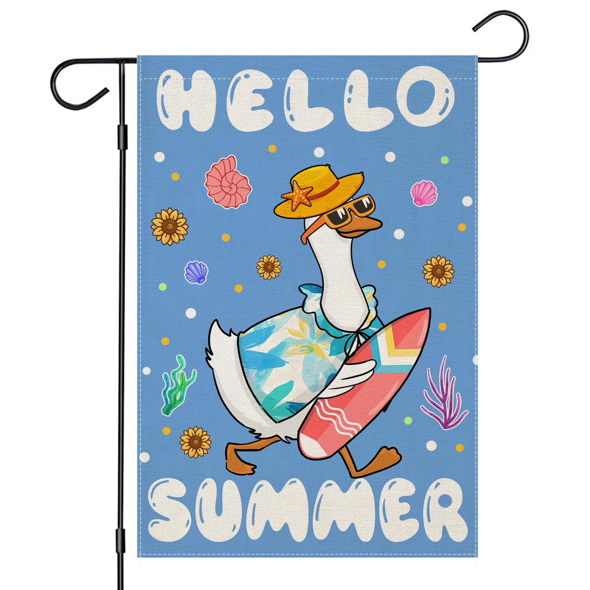 EKOREST Hello Summer garden flag featuring a surfing goose adds festive outdoor charm.