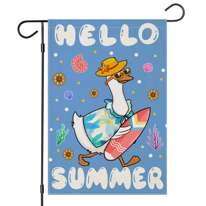 EKOREST Hello Summer garden flag featuring a surfing goose adds festive outdoor charm.