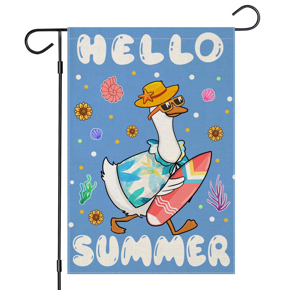 EKOREST Hello Summer garden flag featuring a surfing goose adds festive outdoor charm.