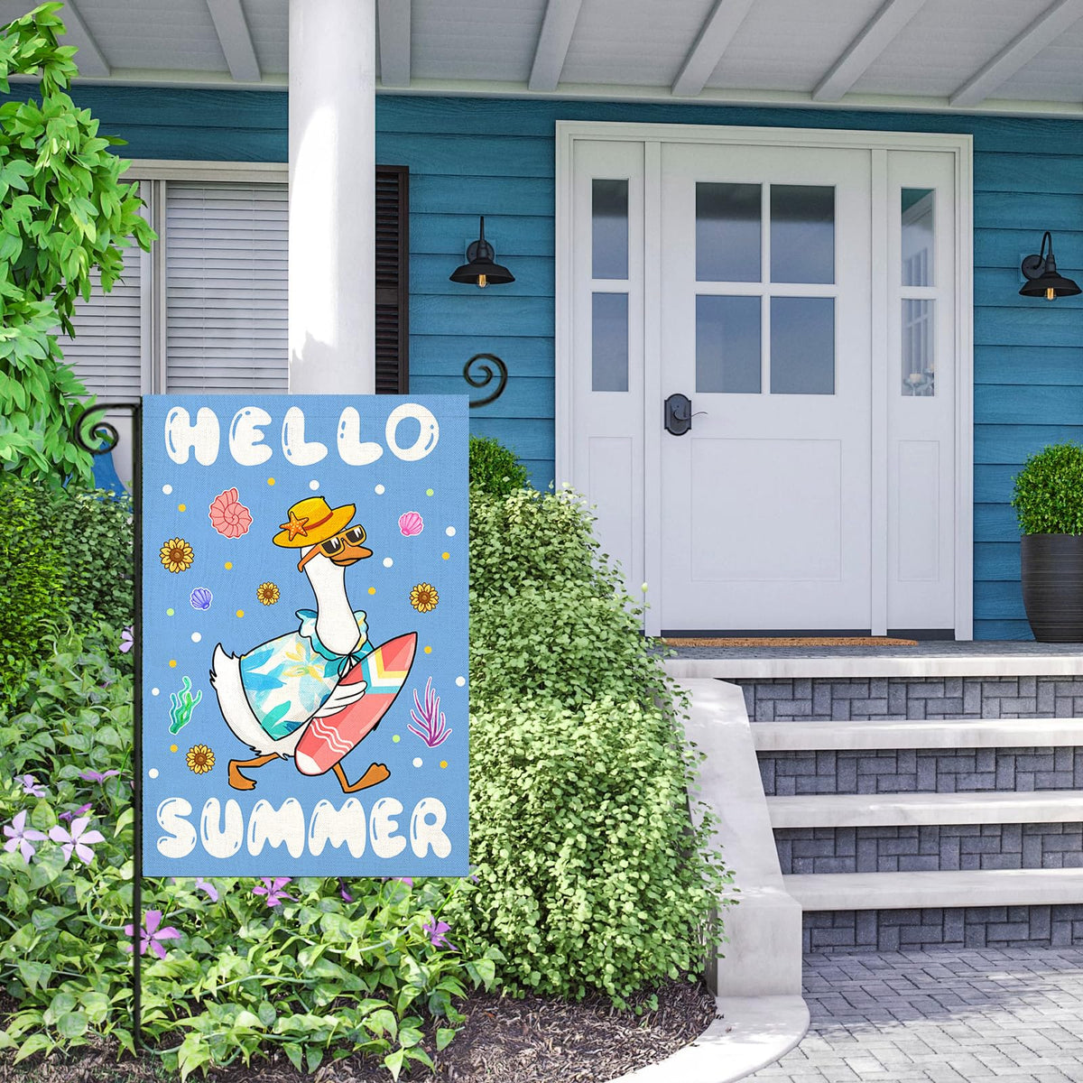 EKOREST Hello Summer banner showcases watercolor goose on a surfboard for porch cheer.