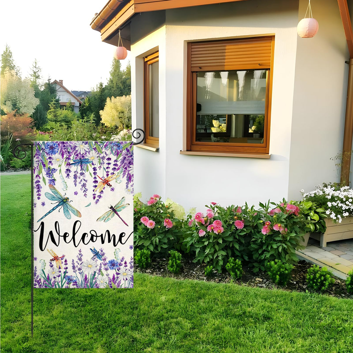 EKOREST outdoor flag with dragonfly adds colorful charm to patios.