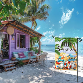 EKOREST Hello Summer Garden Flag on a sunlit porch for outdoor appeal