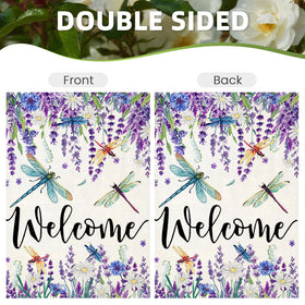 EKOREST 12x18 flag with lavender-dragonfly design welcomes guests.