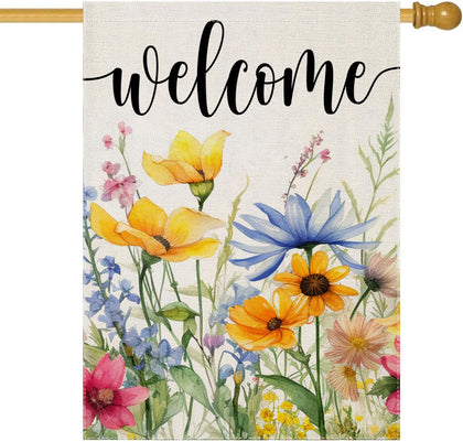 EKOREST Welcome Flowers flag 28x40, front view for outdoor yard decor