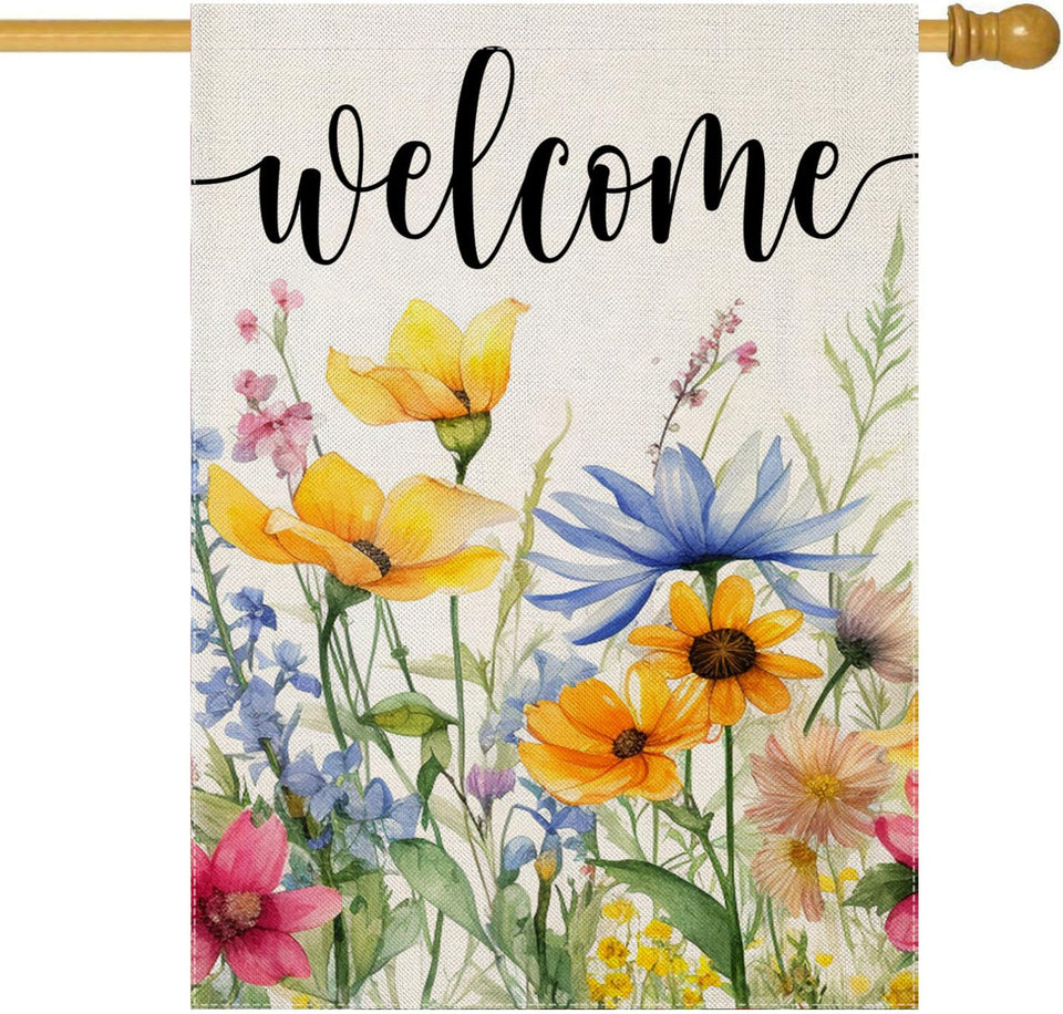EKOREST Welcome Flowers flag 28x40, front view for outdoor yard decor
