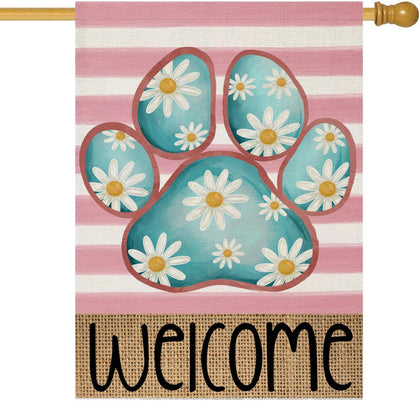 EKOREST welcome spring flag with dog paw and daisies brightens porch.
