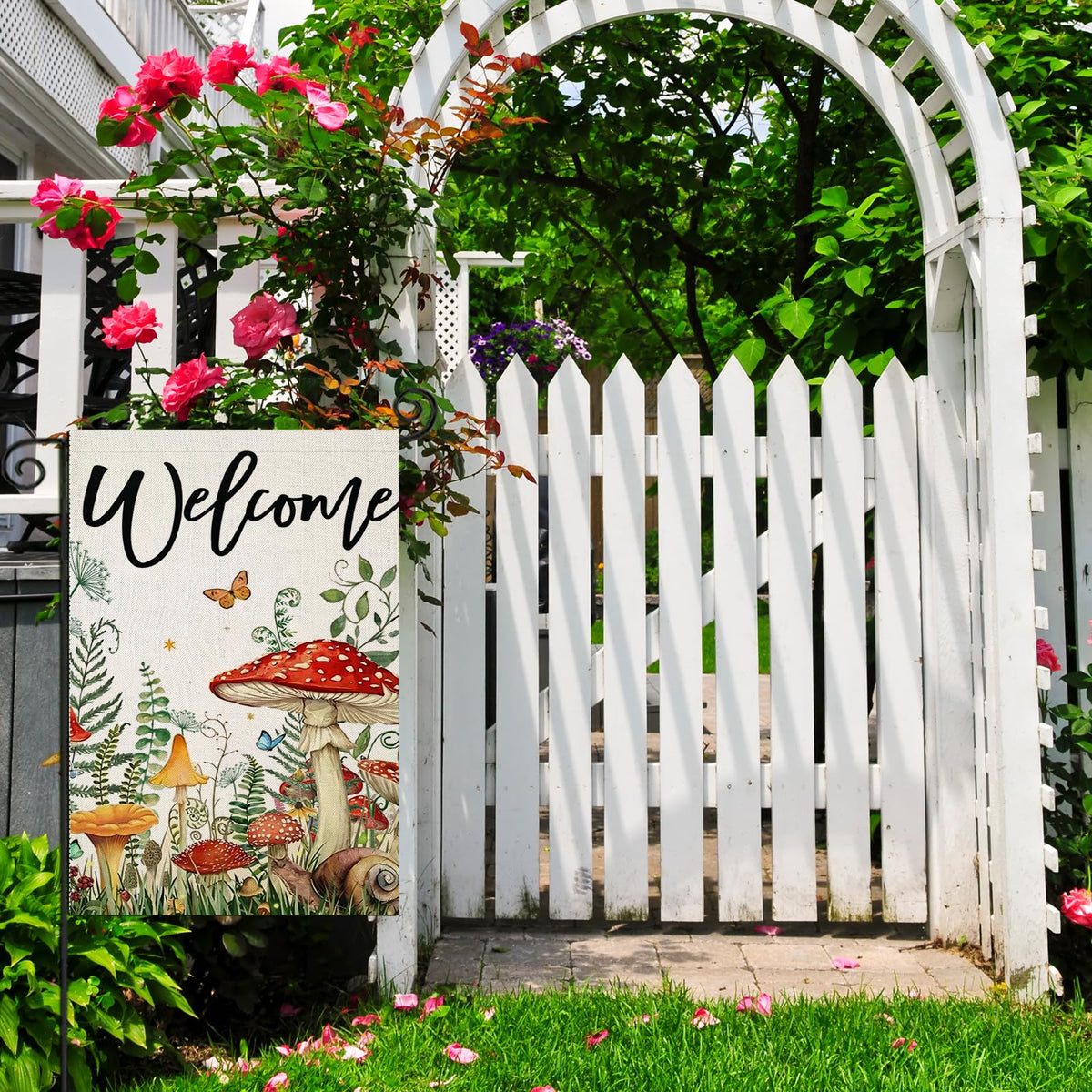 EKOREST Welcome Summer flag mushroom detail shows watercolor design for bright garden accents