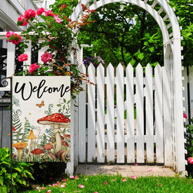 EKOREST Welcome Summer flag mushroom detail shows watercolor design for bright garden accents