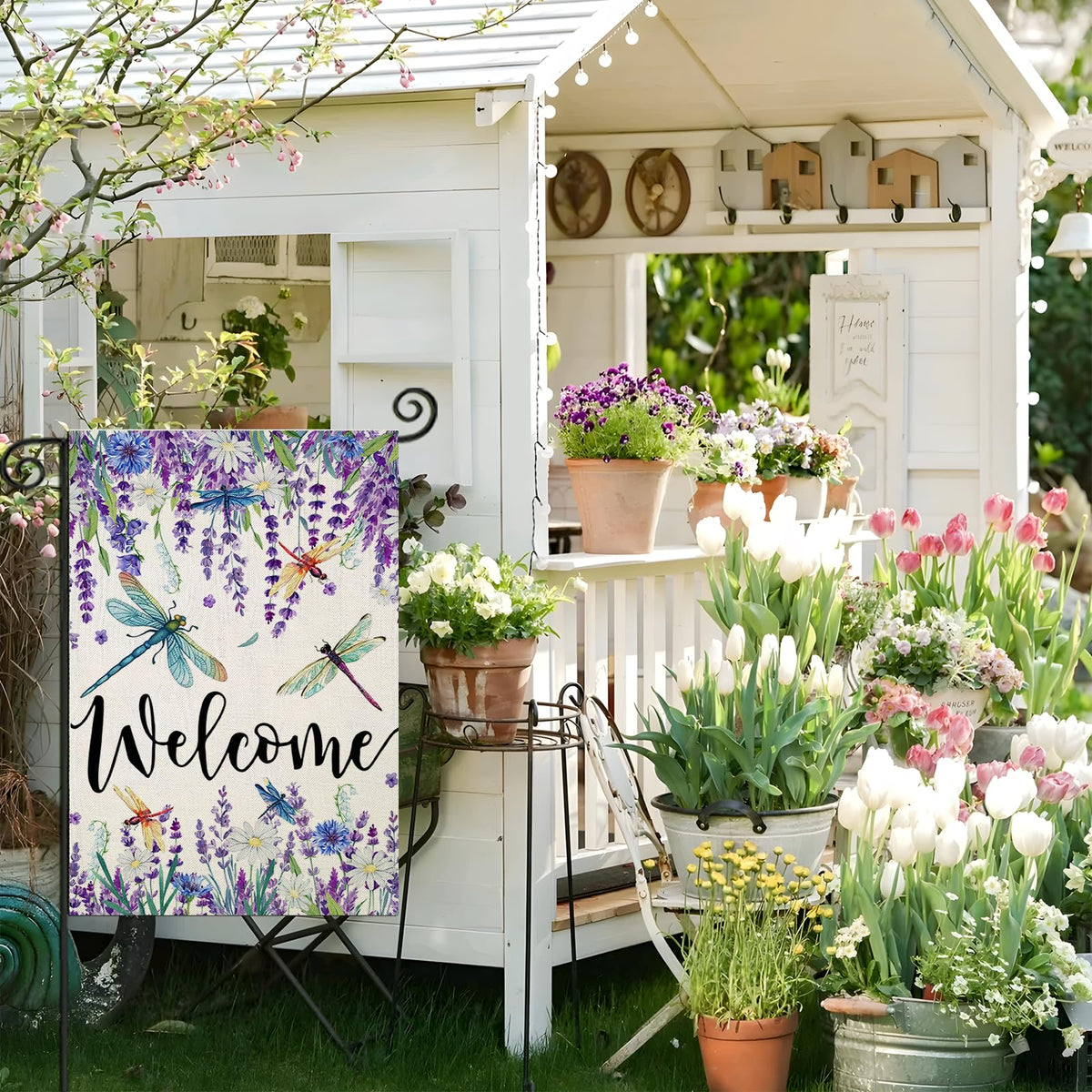 EKOREST garden flag closeup lavender focus enhances seasonal porch display.
