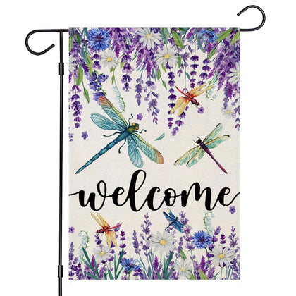 EKOREST Welcome Summer garden flag with lavender and dragonfly for vibrant outdoor decor.