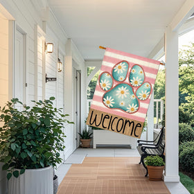 EKOREST double-sided flag shows dog paw and daisies from both sides.