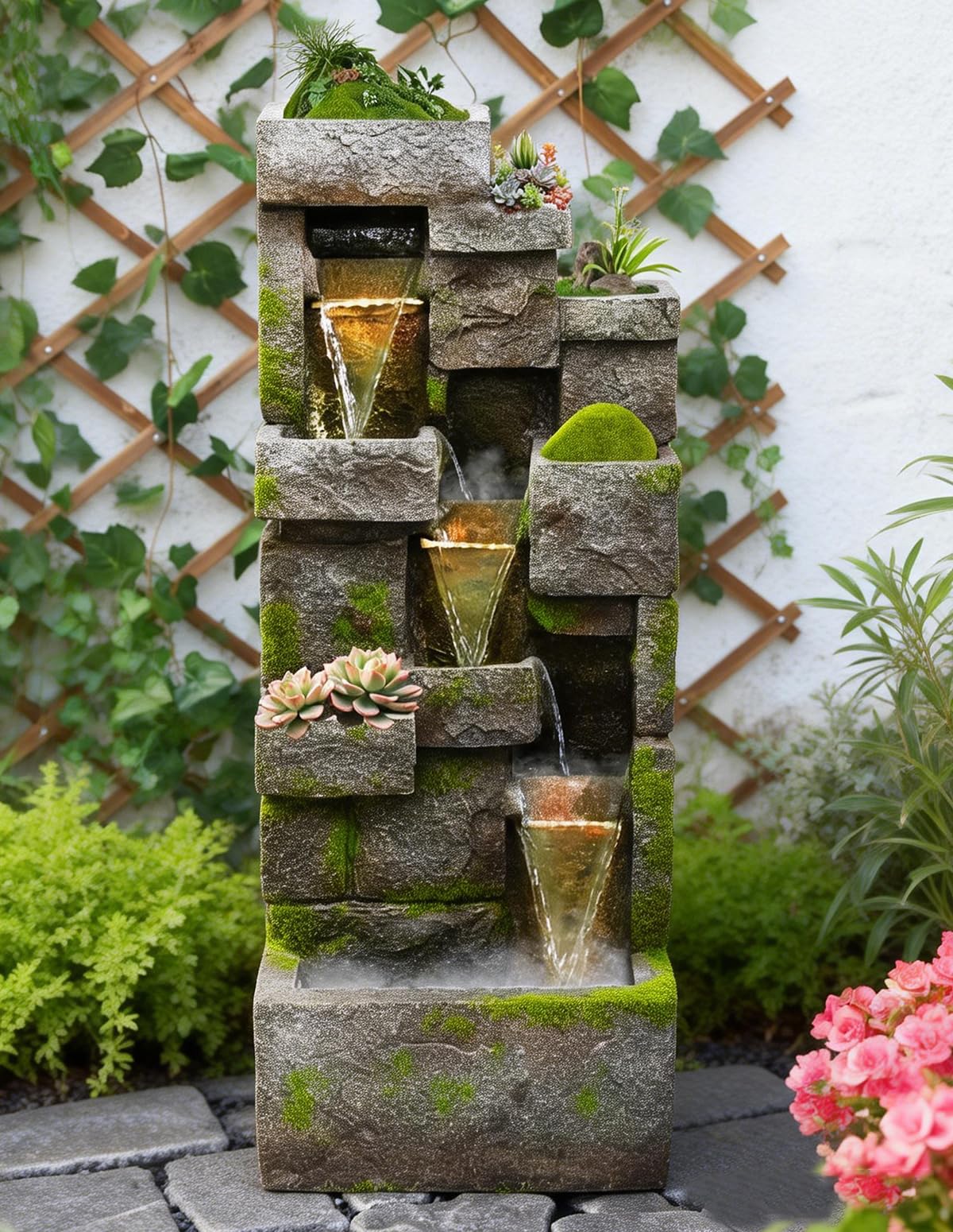 EKRISON LED-lit 3-tier fountain adds night-time glow to yard and patio