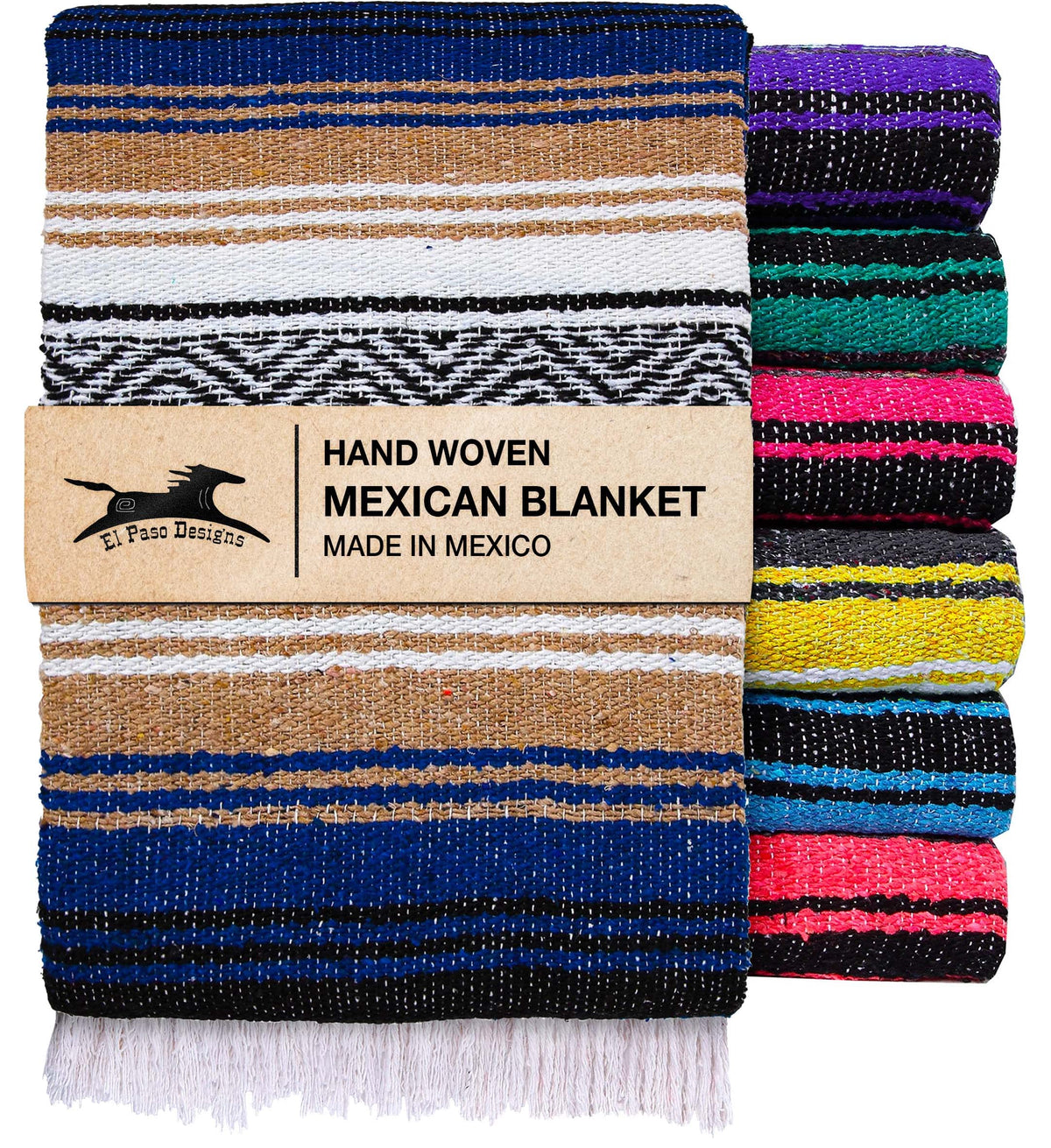 El Paso Designs Mexican Yoga Blanket in blue and tan, perfect for cozy mat sessions.
