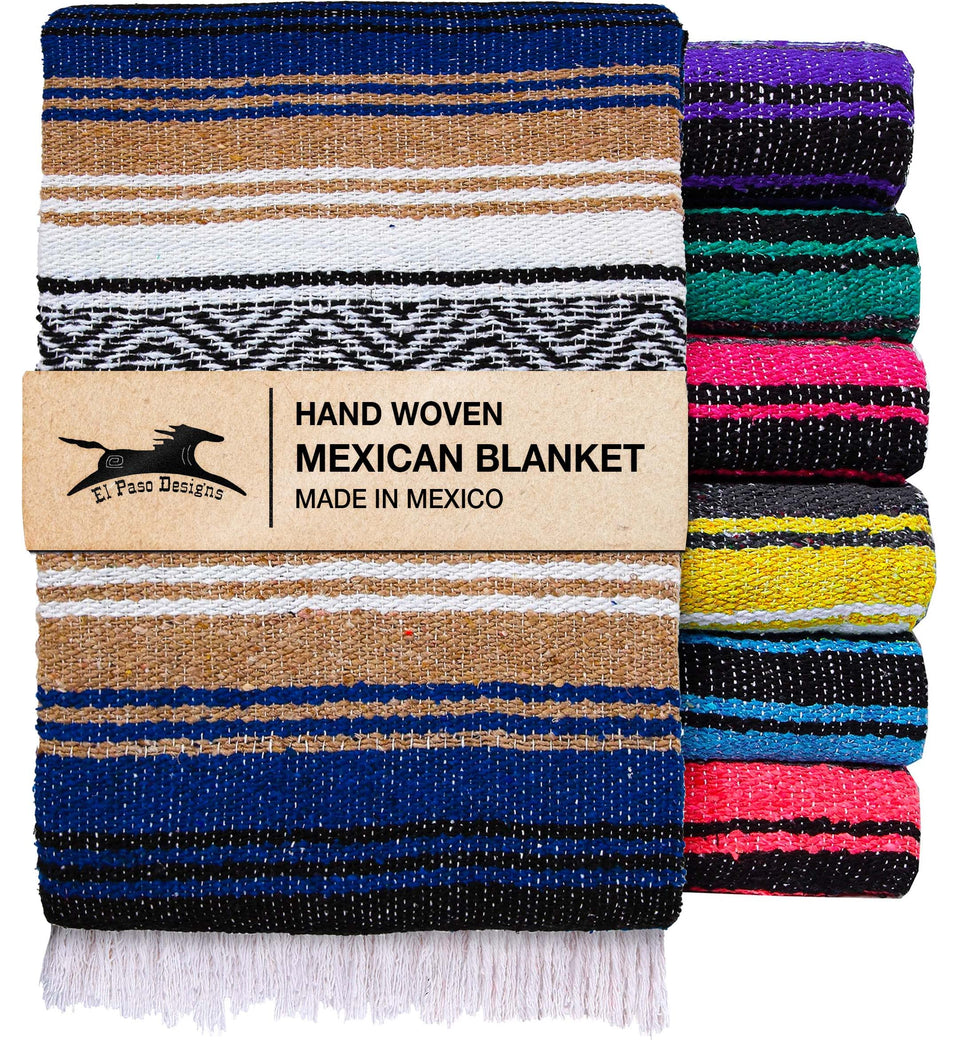 El Paso Designs Mexican Yoga Blanket in blue and tan, perfect for cozy mat sessions.
