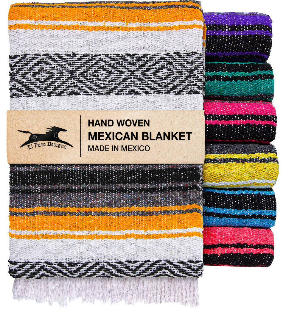El Paso Designs Mexican yoga blanket with yellow tassels for warm, comfy practice.