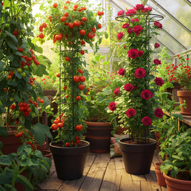 ElaraBerry garden display trellis showcased beside string lights for decorative growth.