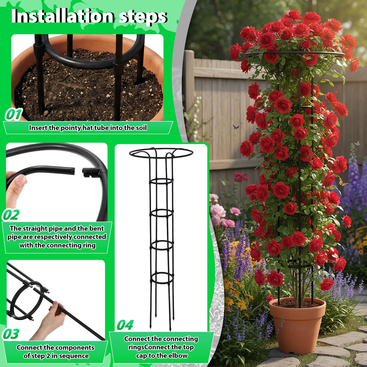 ElaraBerry outdoor plant support showing screw-free, quick assembly for garden setup.