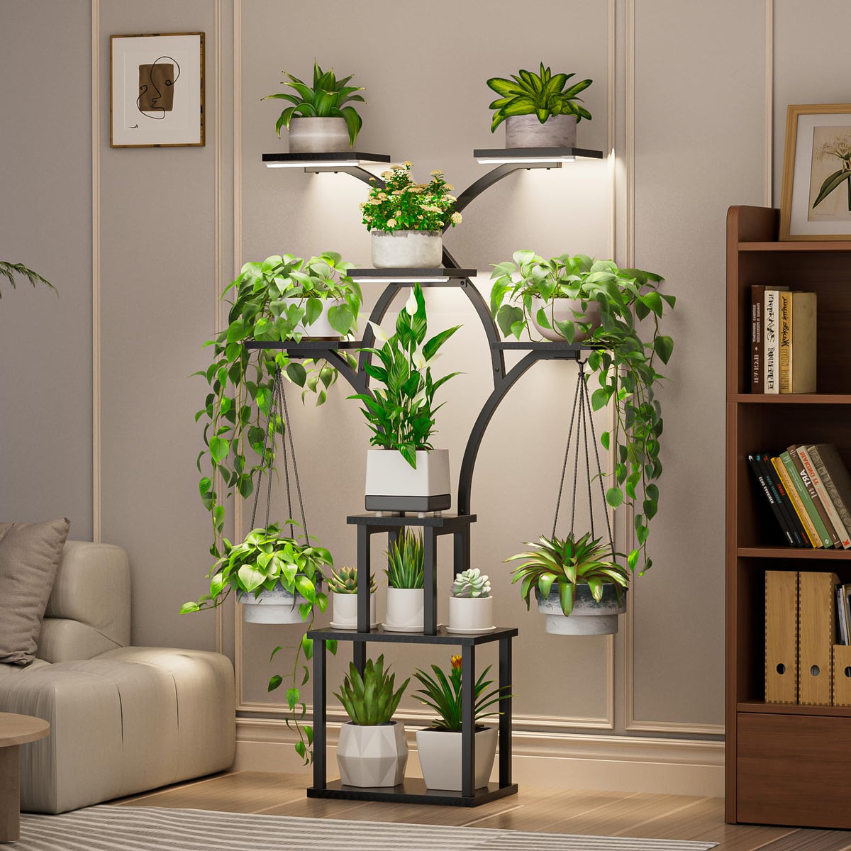 Elbourn X-shaped decor rack showcases plants and art to elevate interior style.