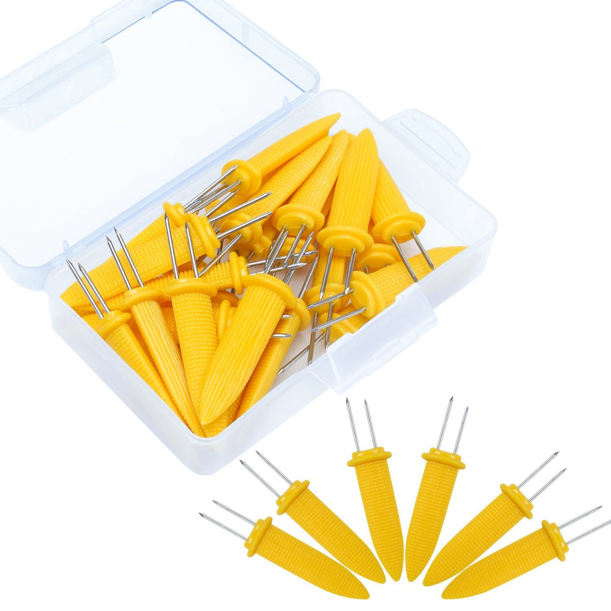 Elcoho corn holders in use gripping a corn ear securely.