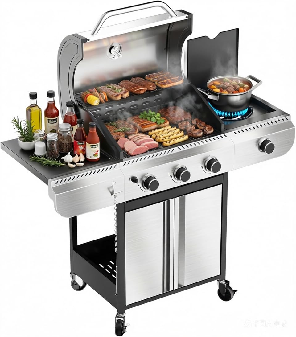 Electactic 3-Burner Propane Grill front view with durable steel and even heat
