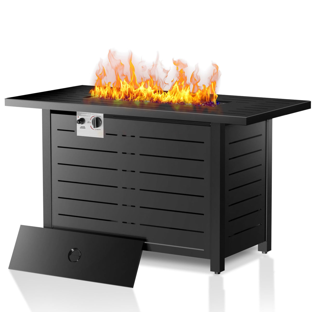 Electactic 43-inch fire pit table front view with warm glow for evenings outdoors.