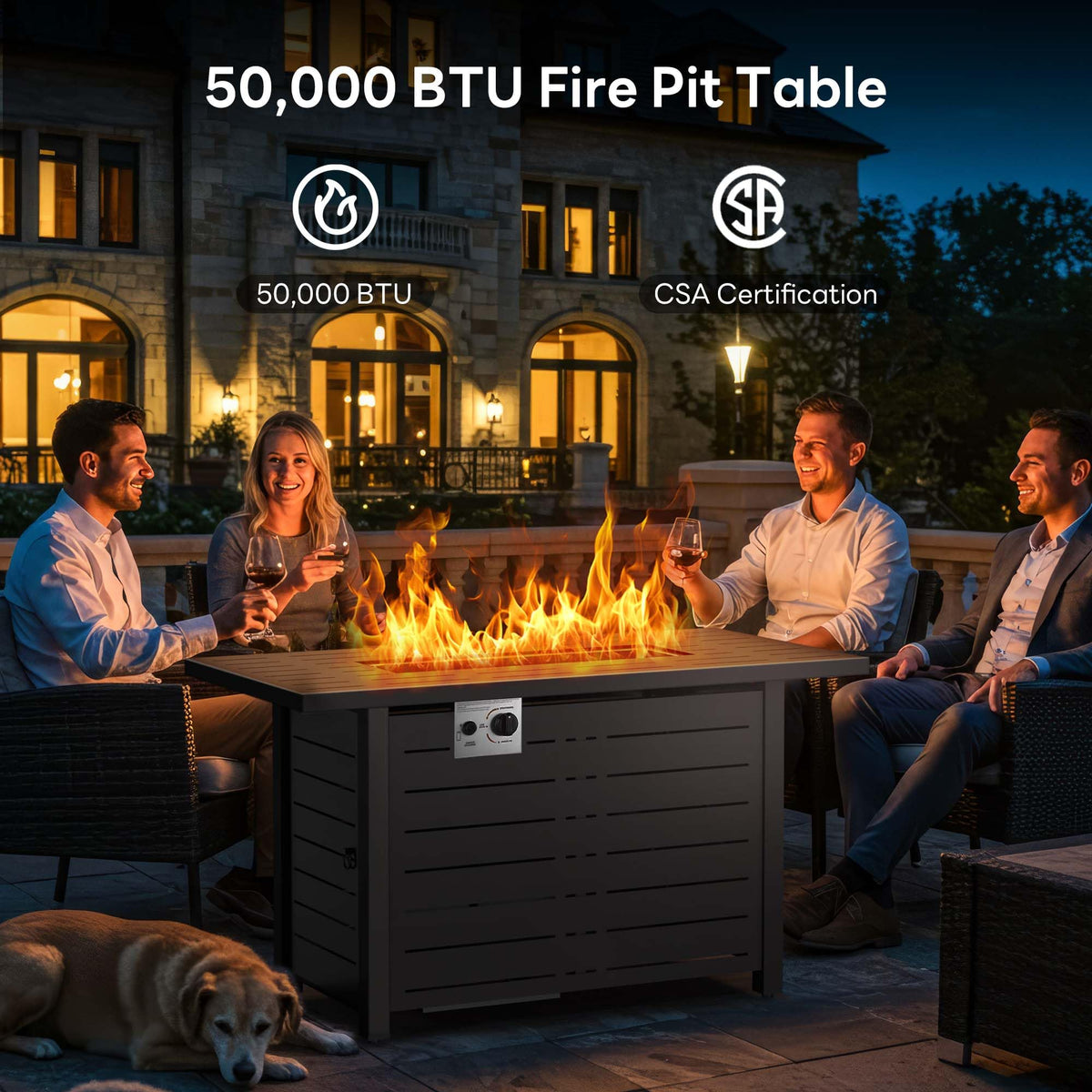 Electactic 50,000-BTU fire pit in use delivering broad heat across a patio.