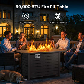Electactic 50,000-BTU fire pit in use delivering broad heat across a patio.