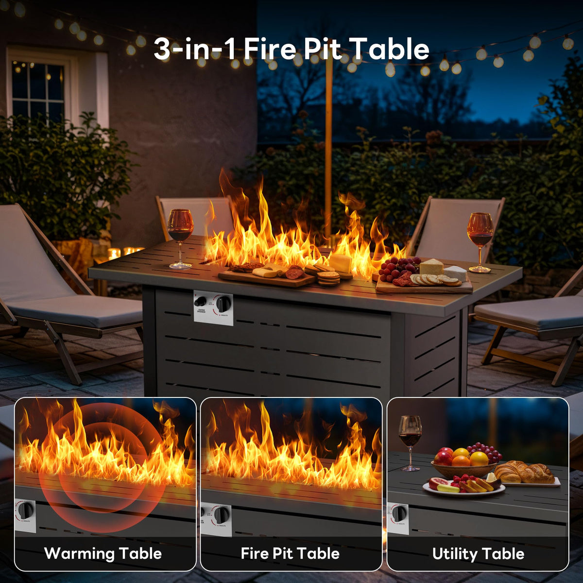 Electactic fire pit lid with lava rock for clean, smokeless ambiance.