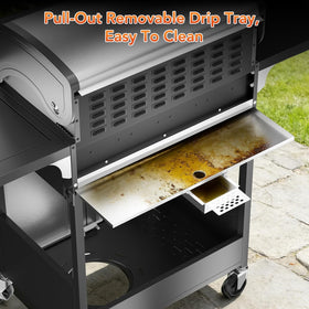 Electactic rear-draw grease tray keeps the cooking area clean