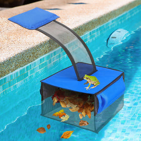 ElectricWise blue above-ground pool skimmer on water surface for quick debris removal.