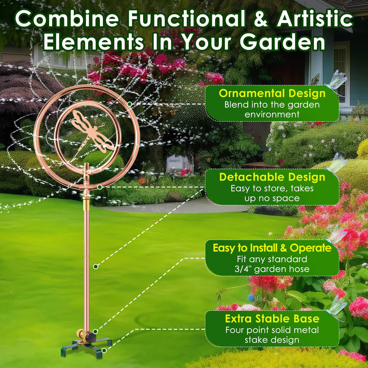 ElectricWise four-point base keeps the sprinkler stable in windy conditions.