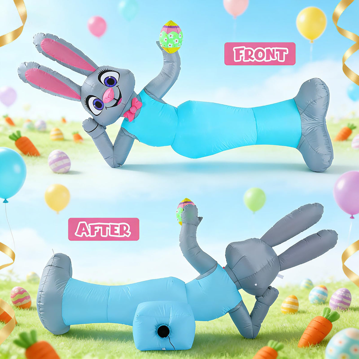 Elegear ground stakes and tether ropes help secure the bunny display.