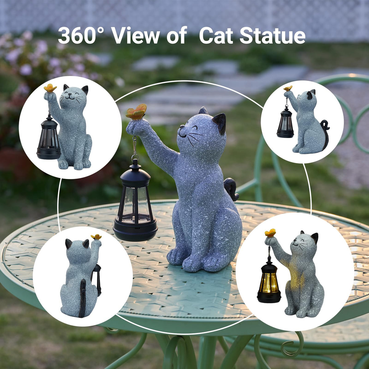 Durable solar panel detail on Elegondrar cat statue for overnight illumination