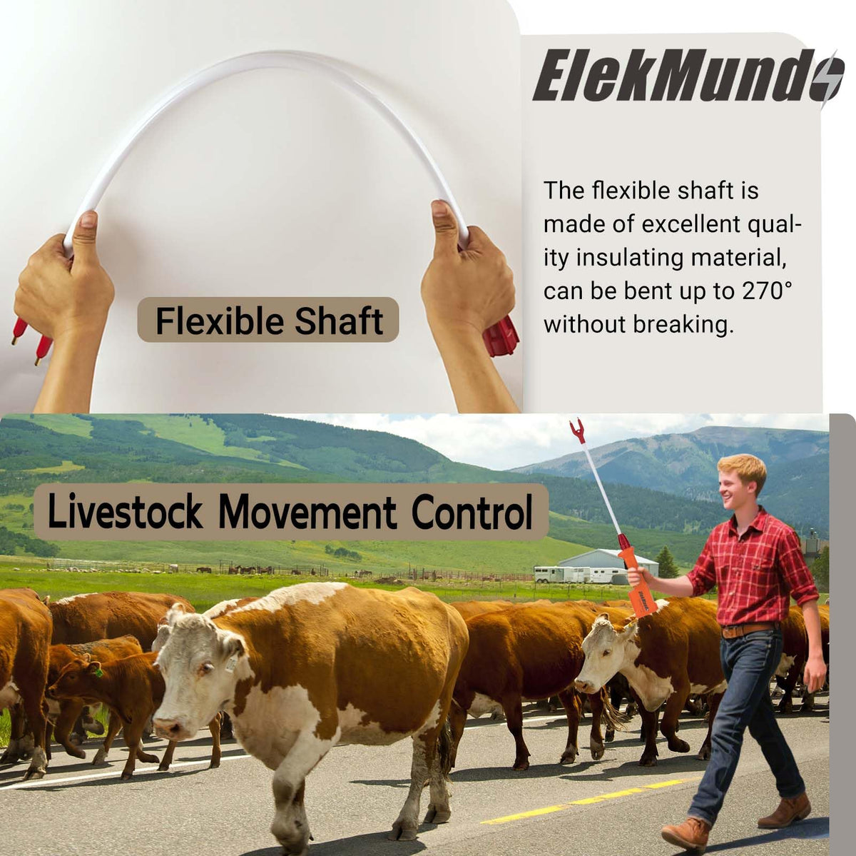 ELEKMUNDO rechargeable cattle prod shaft showing 270 degree bend for versatile positioning