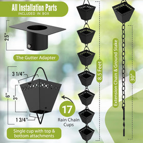 Elemental Eden black powder coated rain chain resists rust in outdoor use