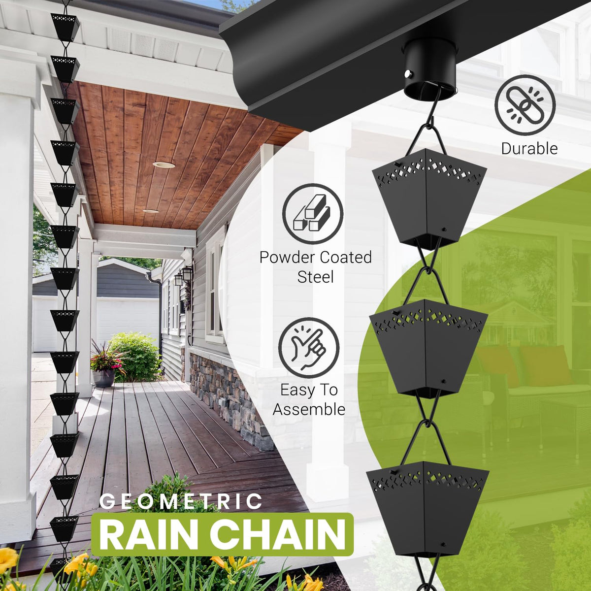 Elemental Eden rain chain compatible with rain barrels for drainage